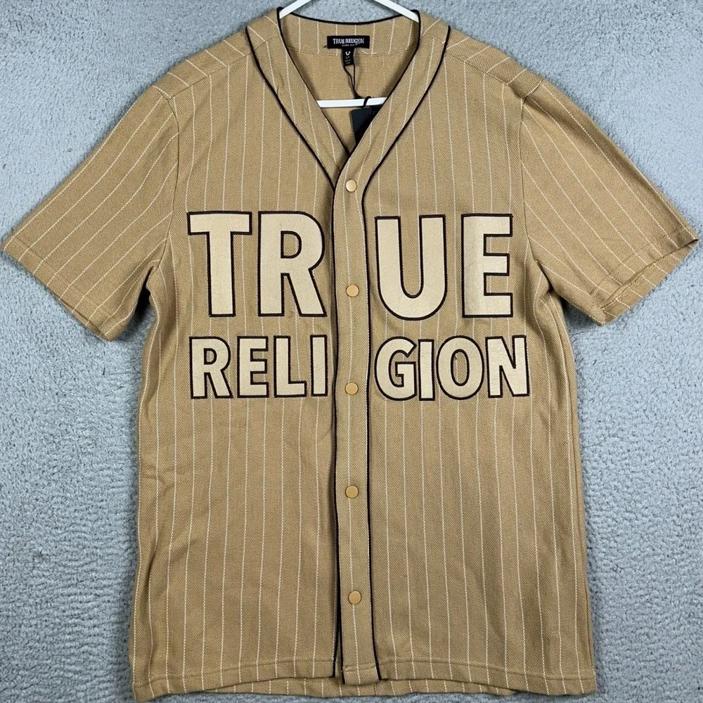 NEW True Religion Shirt Mens Small Tan Baseball Jersey Graphic Print Button Up